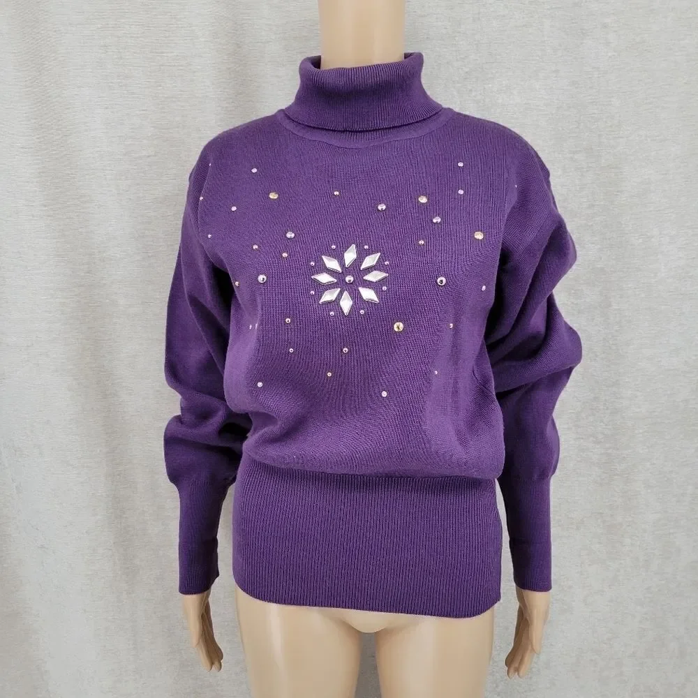 Kaelin 80s Purple Embellished Turtleneck Sweater Cinched Waist Vintage Women's
